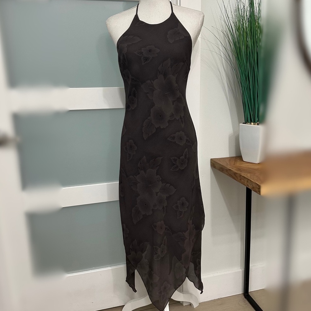 CDC Petites Y2K Brown Floral Halter Dress Handkerchief Hem SZ 6 Flowy Whimsy EUC